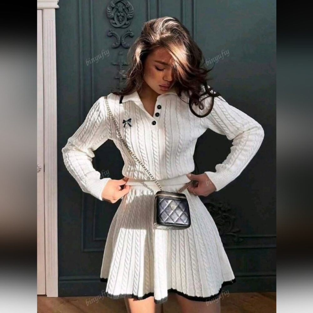 2pcs Women's Butterfly Embroidered Long Sleeve Polo Sweater And Knit Midi Skirt - Picture 1 of 4